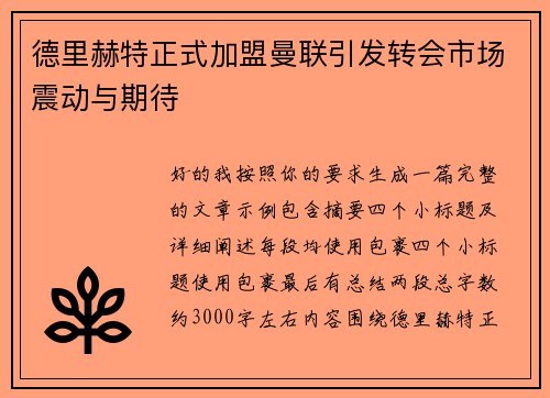 德里赫特正式加盟曼联引发转会市场震动与期待 德里赫特正式加盟曼联引发转会市场震动与期待